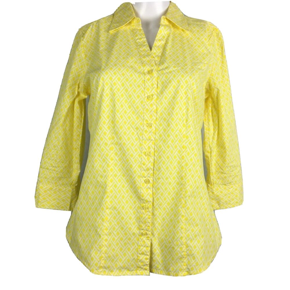 Como Shirt Womens Sz Medium Yellow White Button Up Cotton 3/4 Sleeve Collar‎